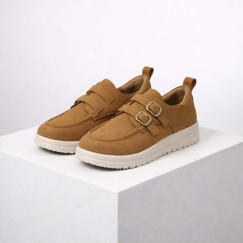 Slip-on platform loafers with double buckle details in camel, beige and blue