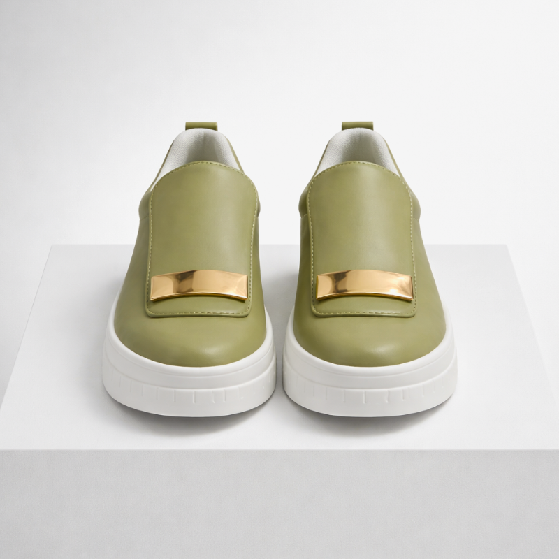 Cushioned platform slip-on shoes shown in green, white and black