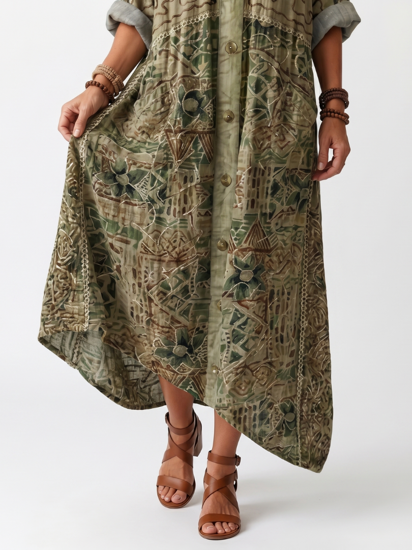 Green button front embroidered oversized pocket midi dress in a relaxed silhouette