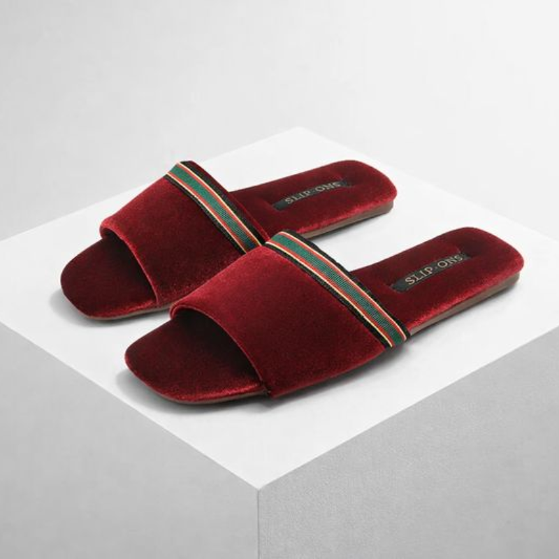 Velvety open-toe slippers with ribbon detailing in red, green and brown