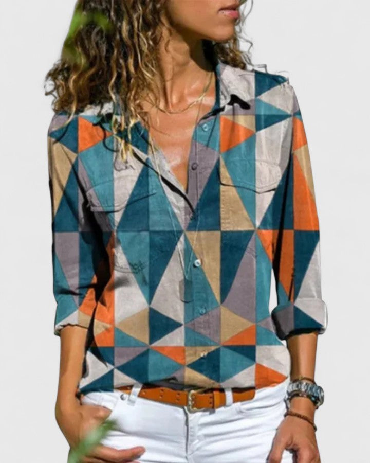 Nadienne elegant blouse shown in sky blue, orange, blue and grey colour options