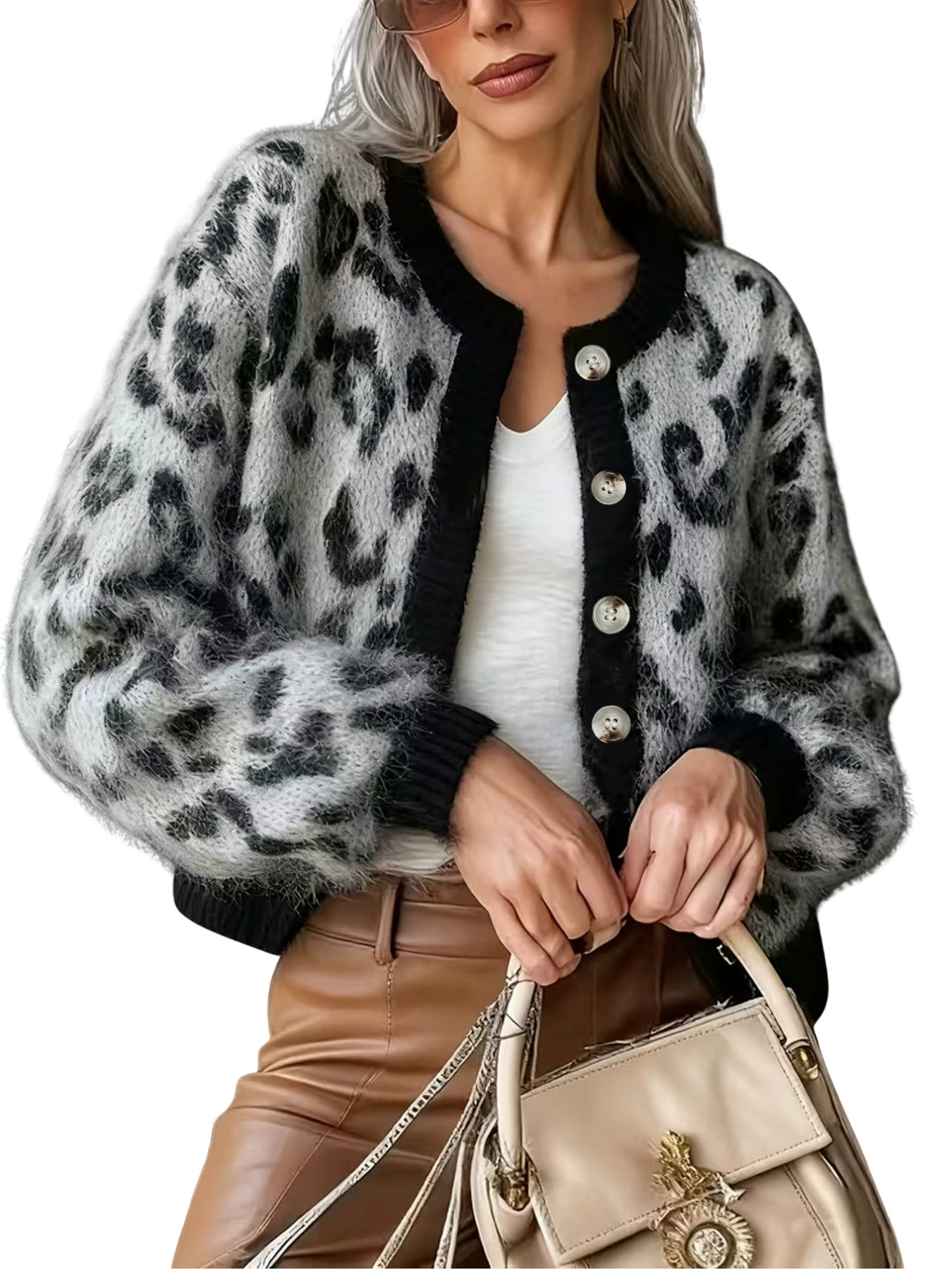 Eudora leopard print cardigan sweater shown in brown and gray