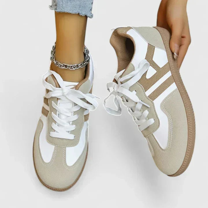 Khaki and white comfortable lace-up sneakers for everyday casual wear