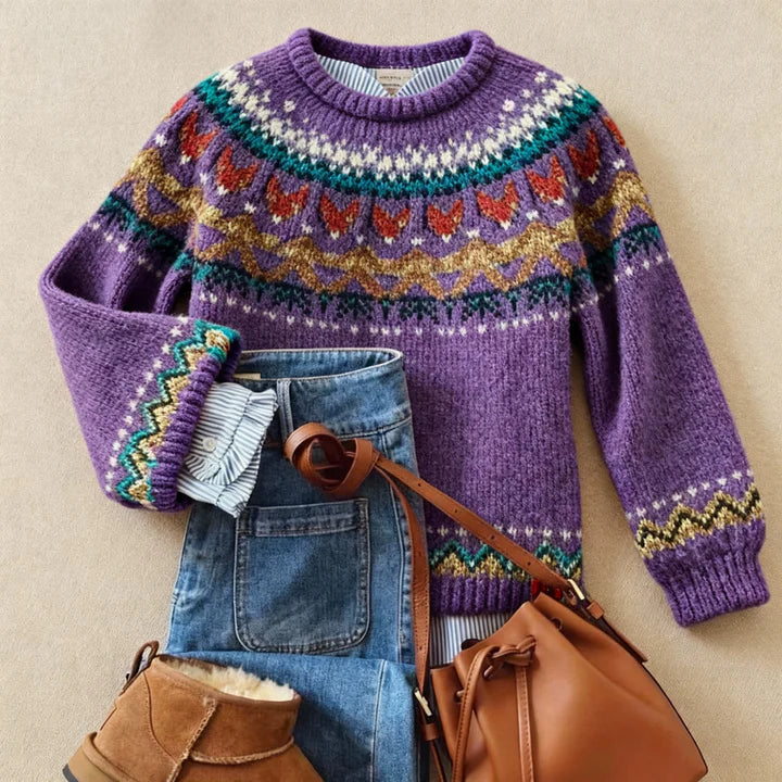 Solva classic vintage knit sweater in purple with a cosy, textured weave