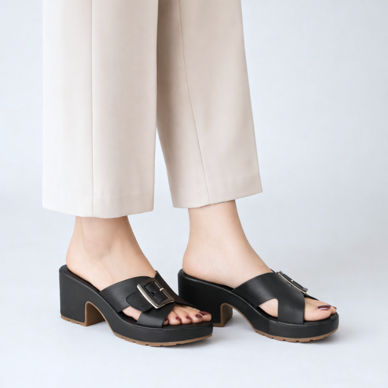 Klara chunky buckle platform block heel sandals with crossover vamp and wide strap
