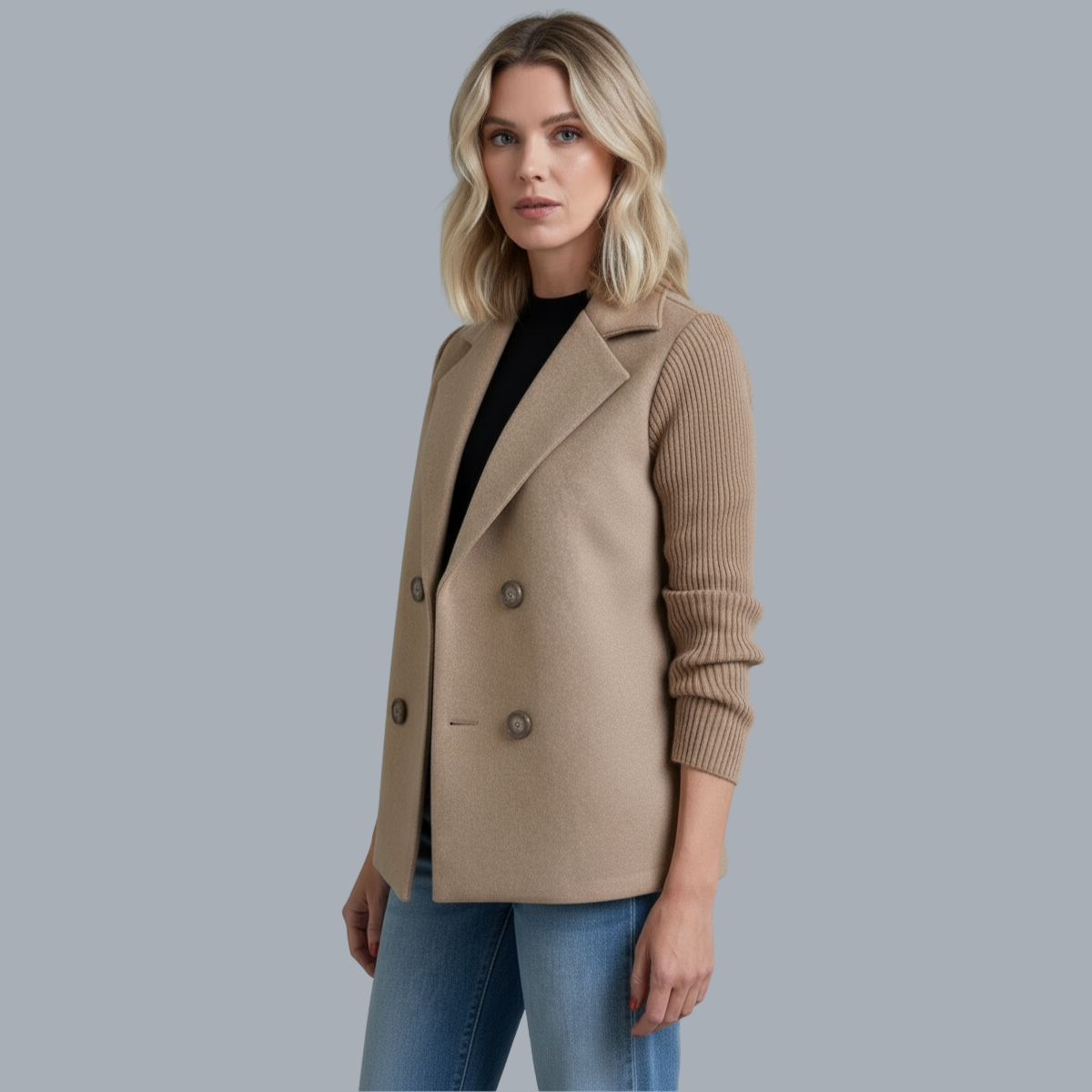 Sasha soft ribbed unstructured blazer coat in a neutral tone with full-length sleeves