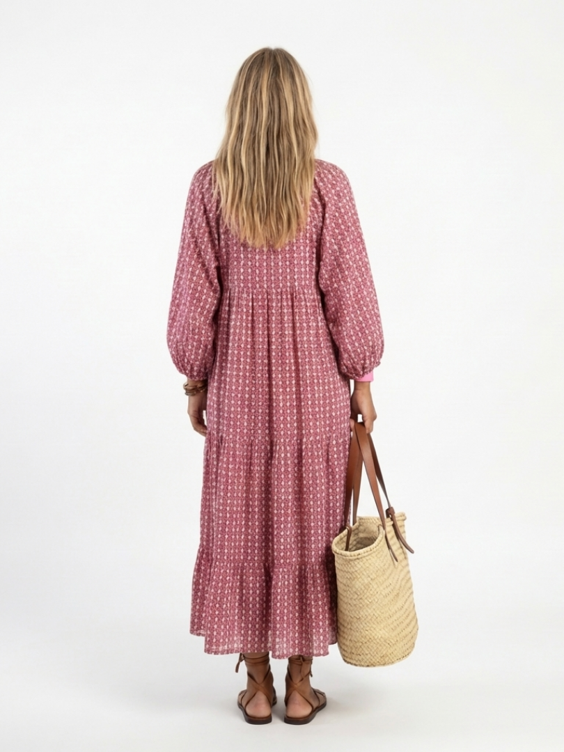 Arlette relaxed-fit geometric print long sleeve midi dress with pockets
