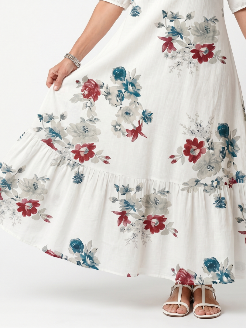 Maeva white scattered floral tassel tie midi dress with a relaxed silhouette and pockets