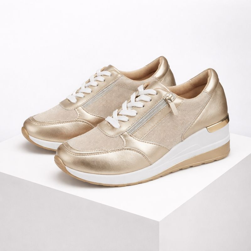 Metallic hidden wedge lace-up sneakers with side zipper in silver, gold and pink