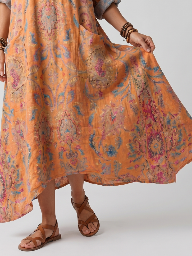 Romy orange printed oversized midi dress with notch neck and roomy pockets