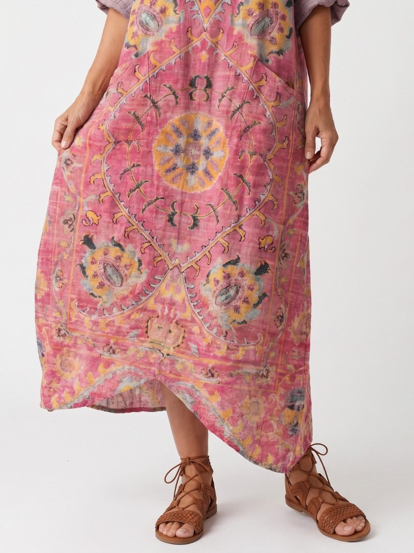 Pink abstract print relaxed midi dress with oversized pockets