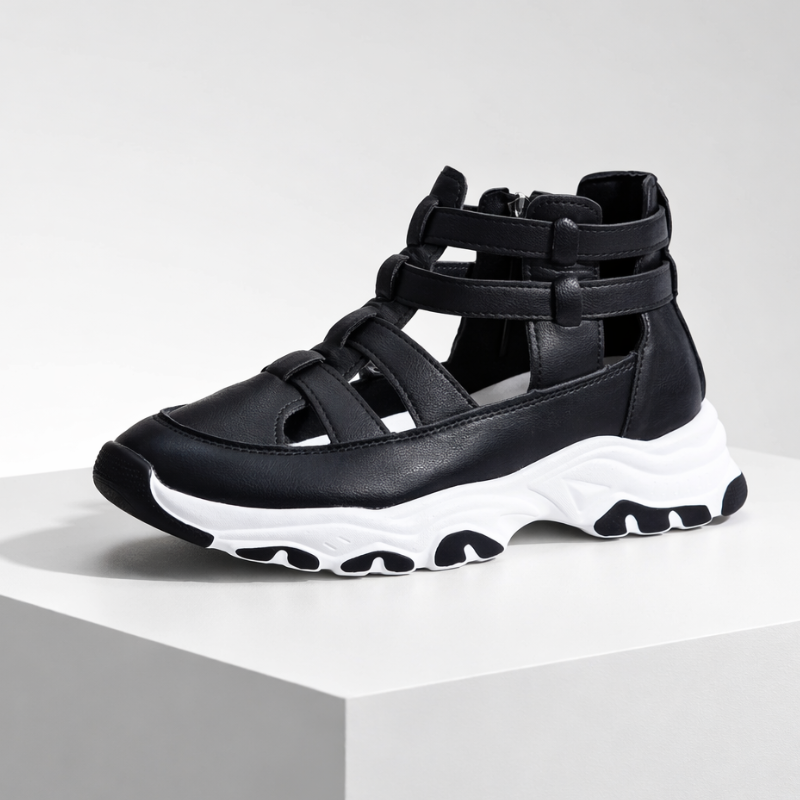 Jade sneaker-inspired closed-toe platform sandals with cushioned sole and zip closure