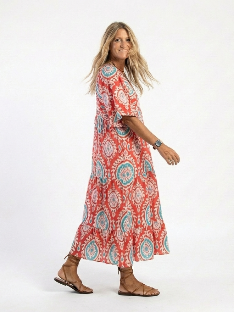 Zaria red paisley print V-neck short sleeve midi dress with a relaxed silhouette