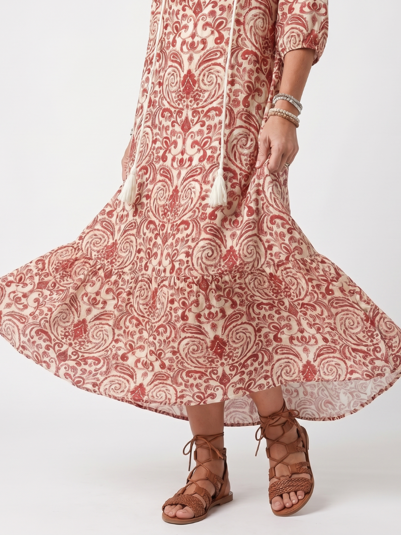 Noelle relaxed-fit red ornate print midi dress with tassel tie and pockets