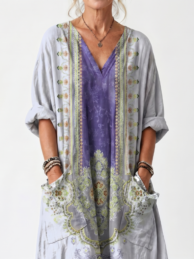 Raina multicolour contrast panel embroidered oversized midi dress with pockets