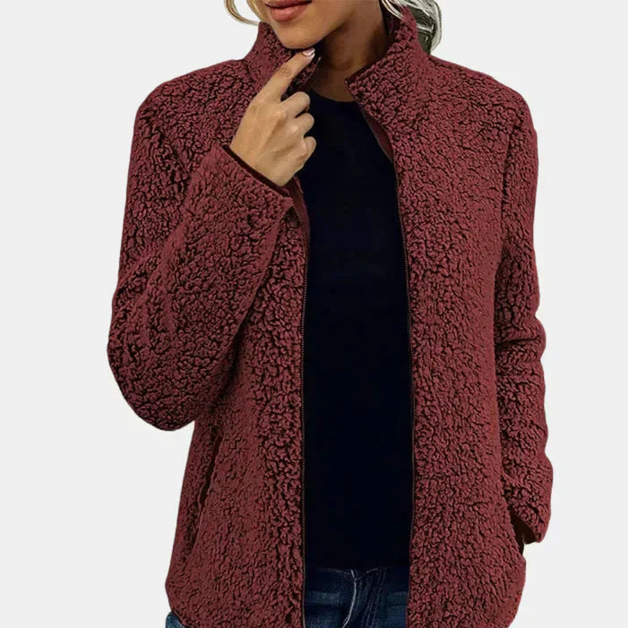 Xara soft teddy fleece jacket with stand collar, contrast piping and relaxed hip-length fit