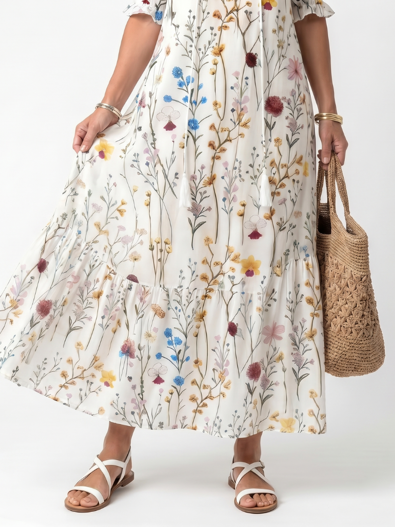 Sylvie white botanical print midi dress with tassel tie and relaxed silhouette