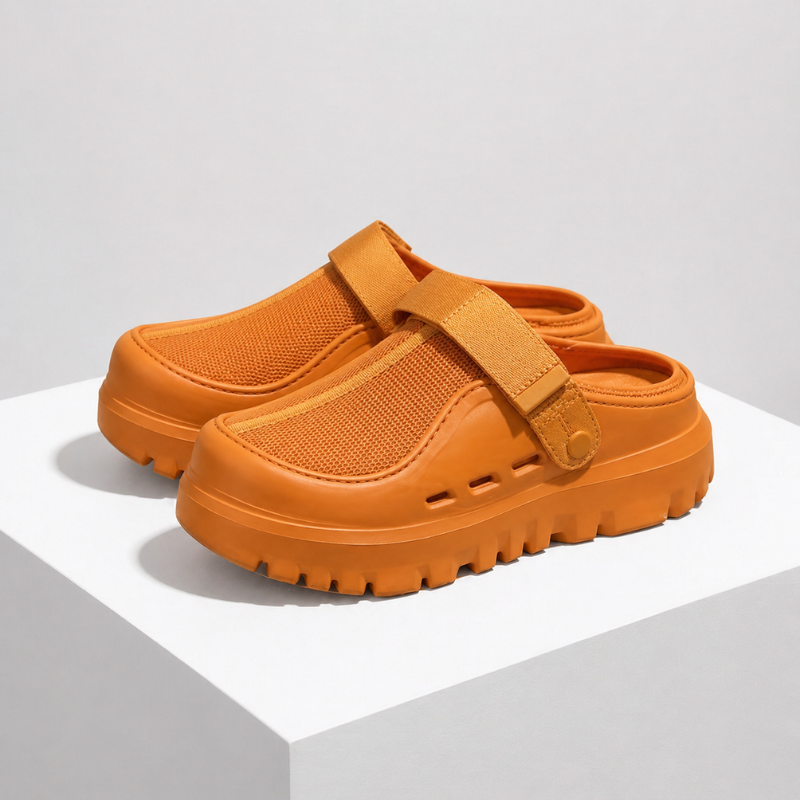 Breathable mesh slip-on sandals with adjustable hook-and-loop back strap
