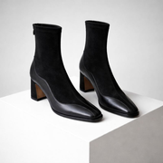 Square toe suede ankle boots with chunky block heel and back zipper in brown and black