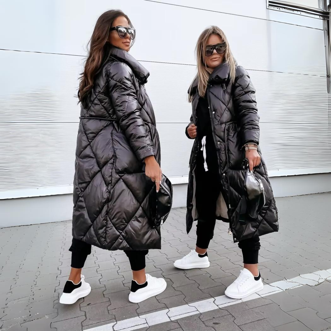 Josephine elegant tailored long winter coat in black, shown on a woman