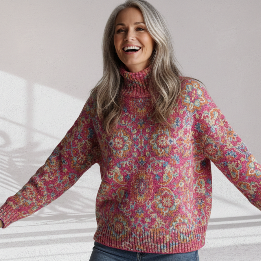Florence floral knit turtleneck in pink with a cosy soft weave