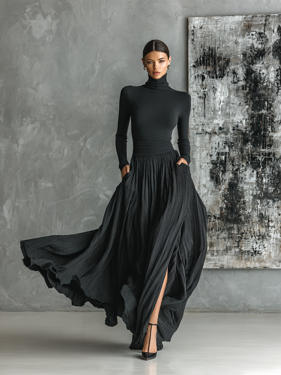 Wren all-black skinny fit dress shown on model, front view