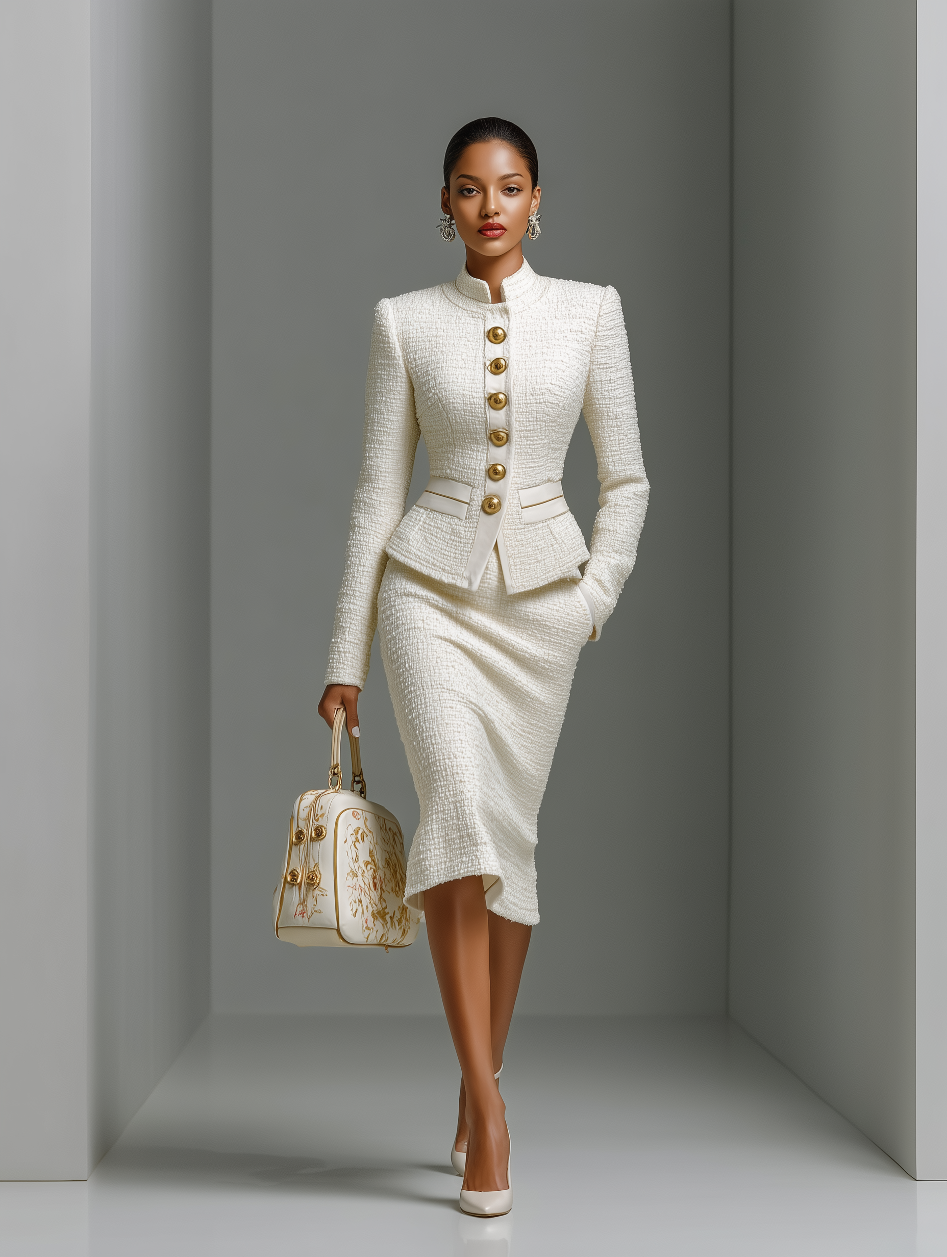 Becca white tweed co-ord set styled as a matching two-piece outfit
