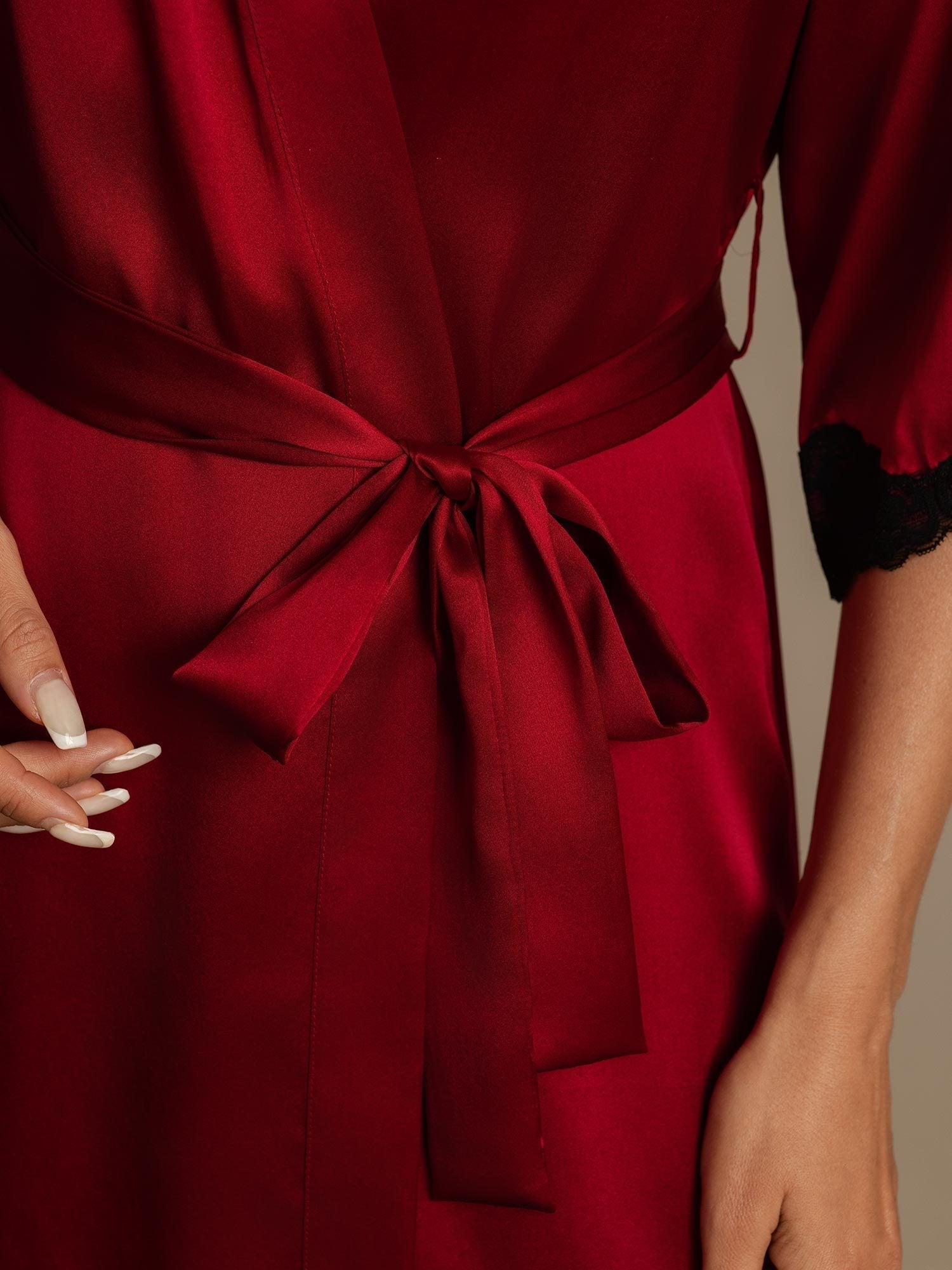 Lola pure mulberry silk dressing gown shown in wine red, black, dark blue and mauve grey