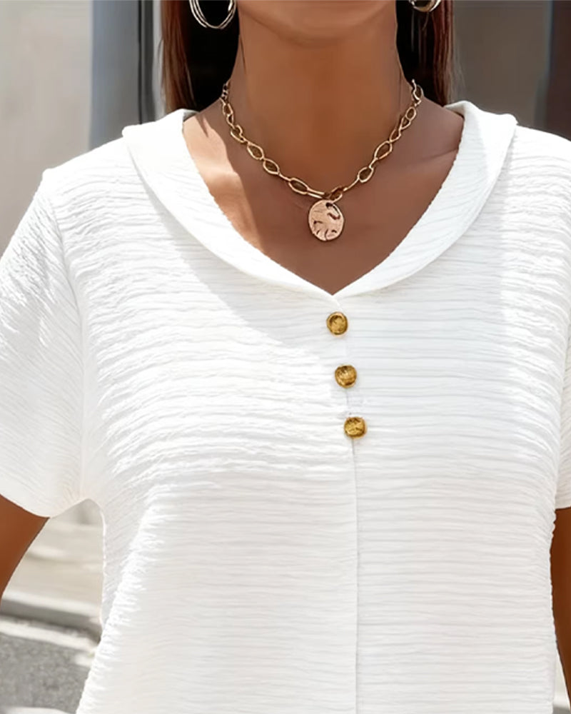 Barbara collar tee with buttons shown in several colours