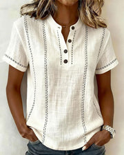 Linda casual button v-neck tee shown in white, blue and pink