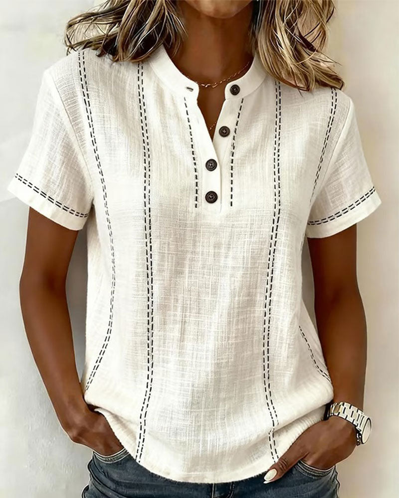 Linda casual button v-neck tee shown in white, blue and pink