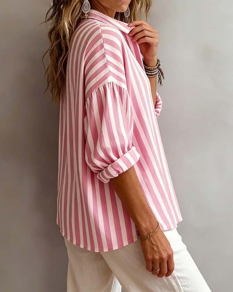 Deborah wide striped collared blouse shown in pink, gray and khaki