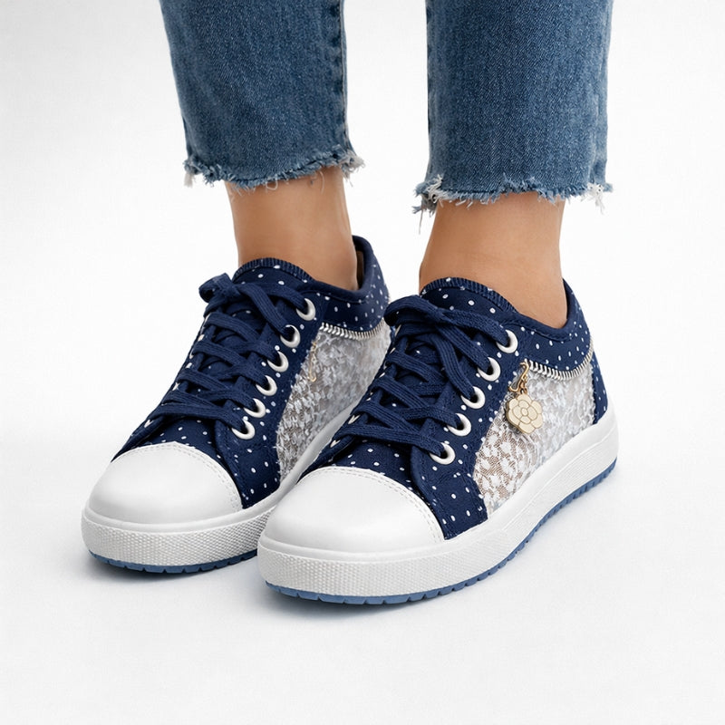 Denim low-top lace-up sneakers with lace mesh side panels and rubber toe cap