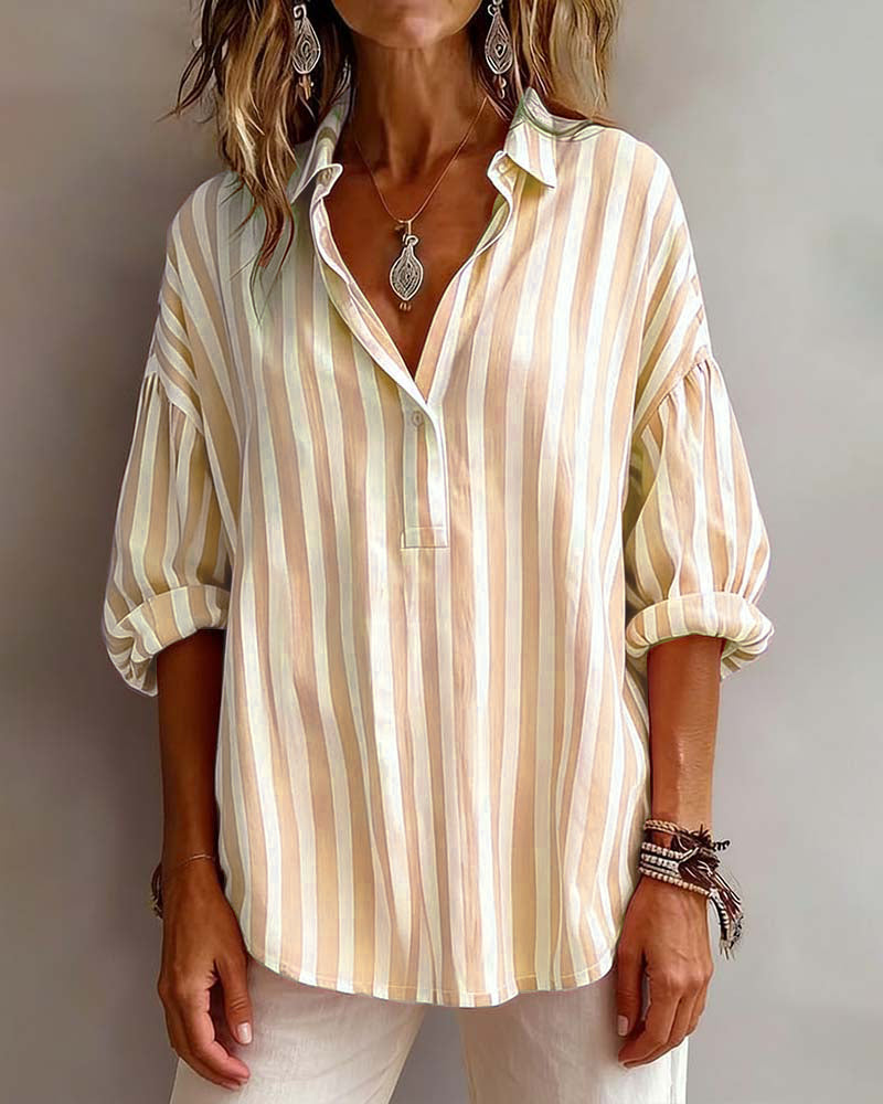 Deborah wide striped collared blouse shown in pink, gray and khaki