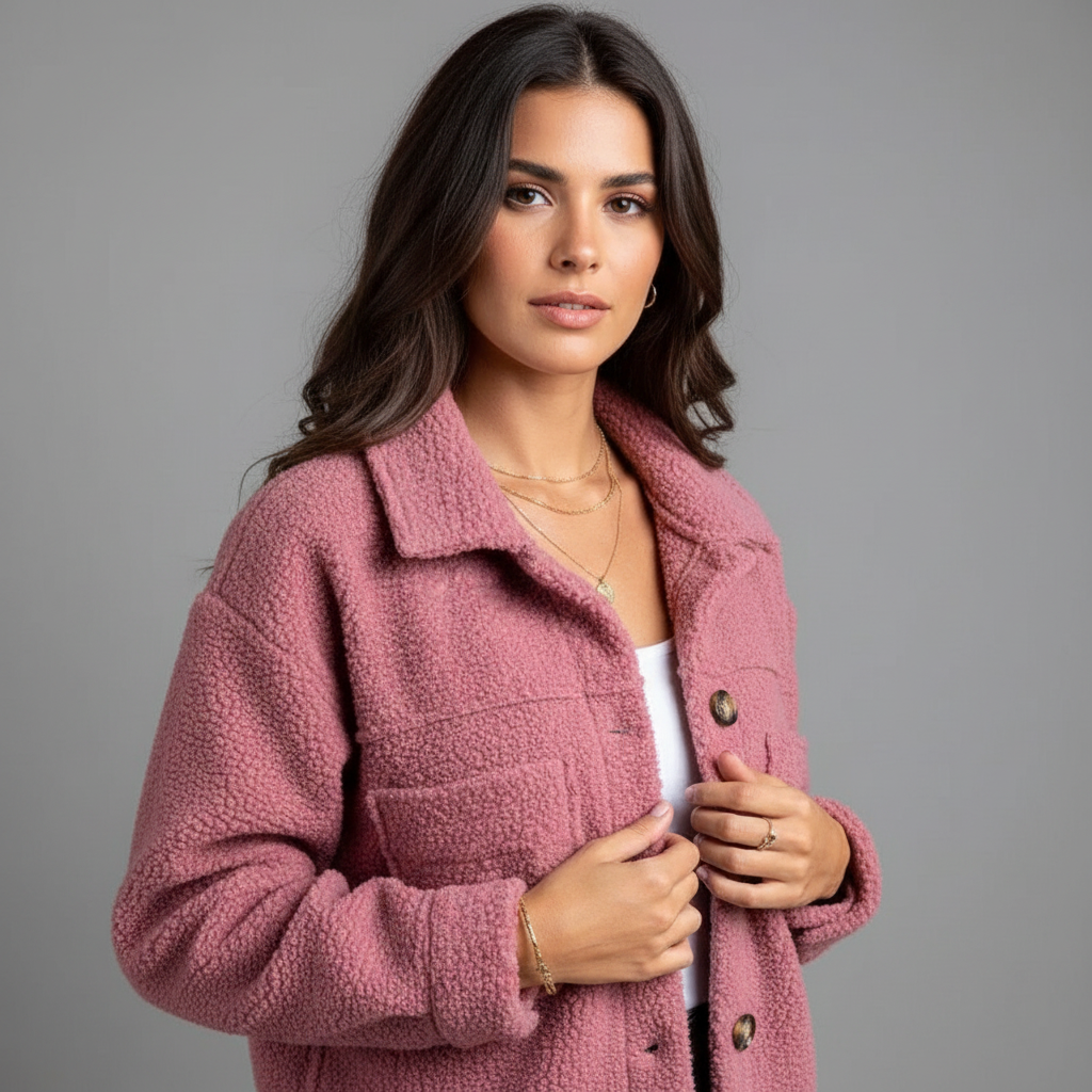 Luna plush teddy jacket with classic collar, front pockets and tortoiseshell-effect buttons