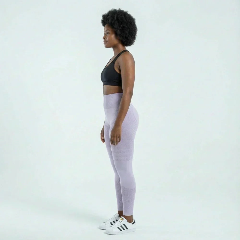 Clara full-length sculpting legging shown in light purple and pink