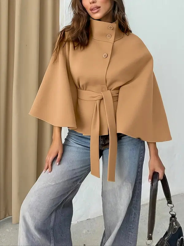 Thelma front buckle belted coat with tailored waist, shown in a neutral tone