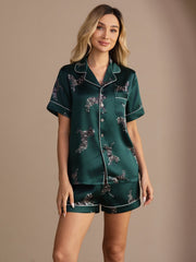 Mara embroidered pure silk pyjama set in emerald zebra print