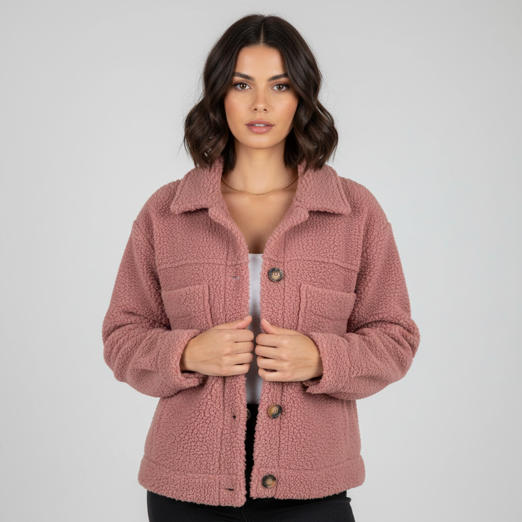 Luna plush teddy jacket with classic collar, front pockets and tortoiseshell-effect buttons