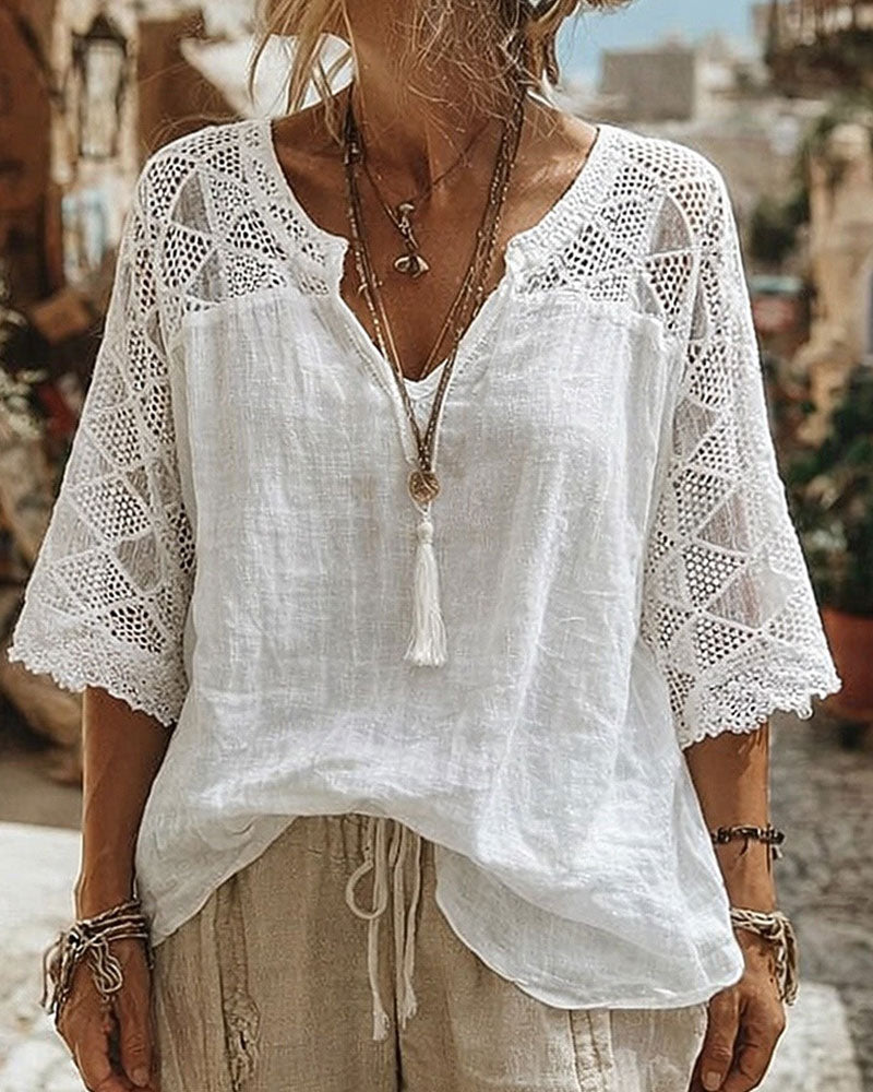 Cynthia v-neck blouse with lace detail, shown in white, blue and pink