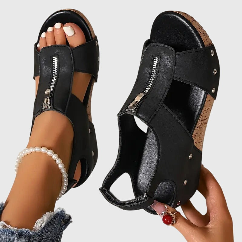 Styla | Zip-Front Sandals with Wide Cushioned Sole