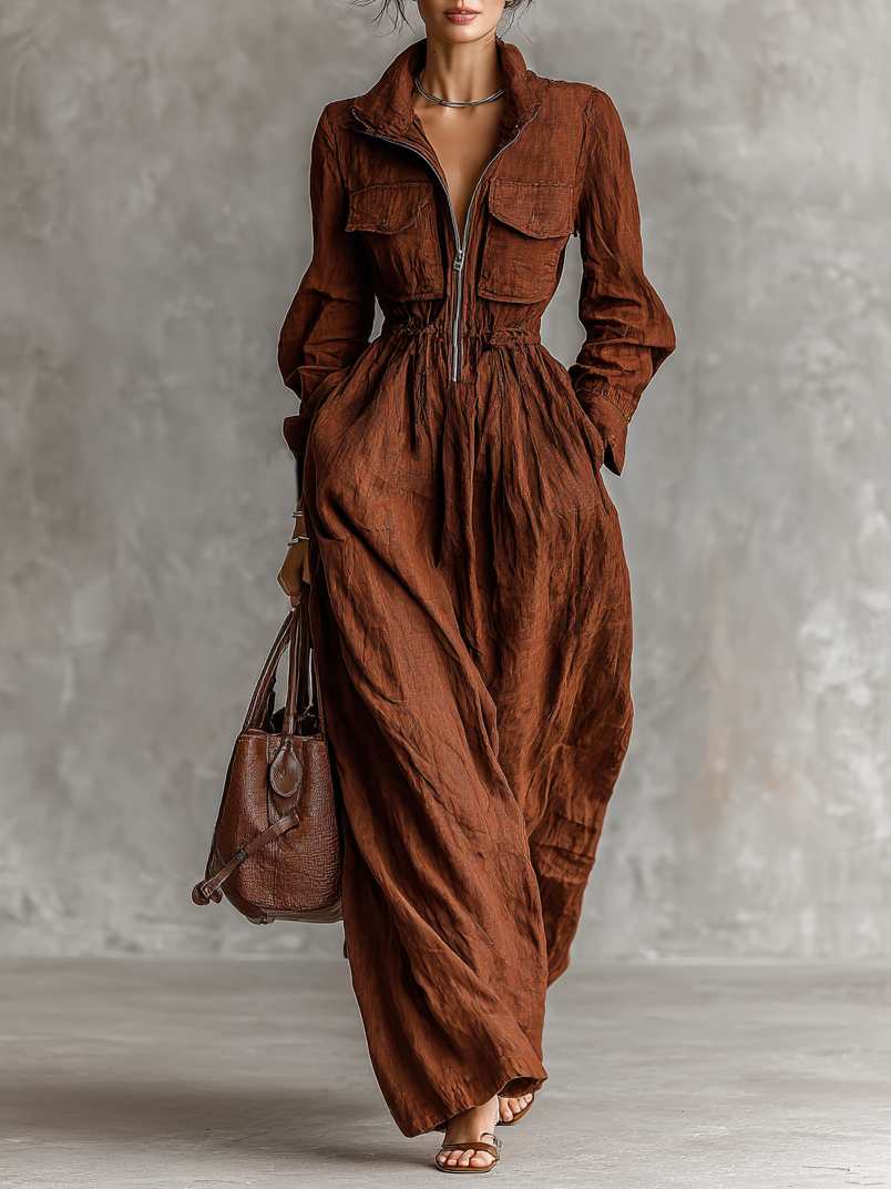 Adele dark brown cotton-linen zip-front jacket with lapel collar