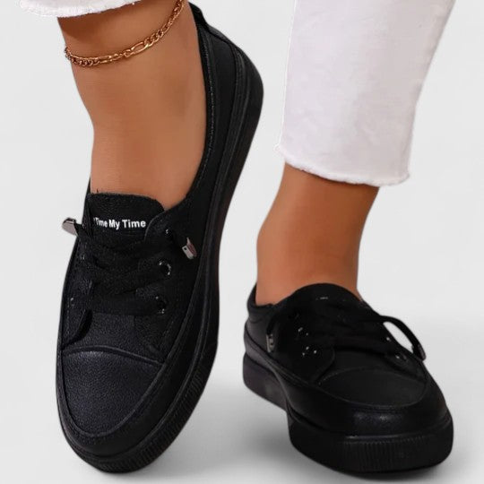 Comfortable slip-on everyday shoes shown in white, black and beige