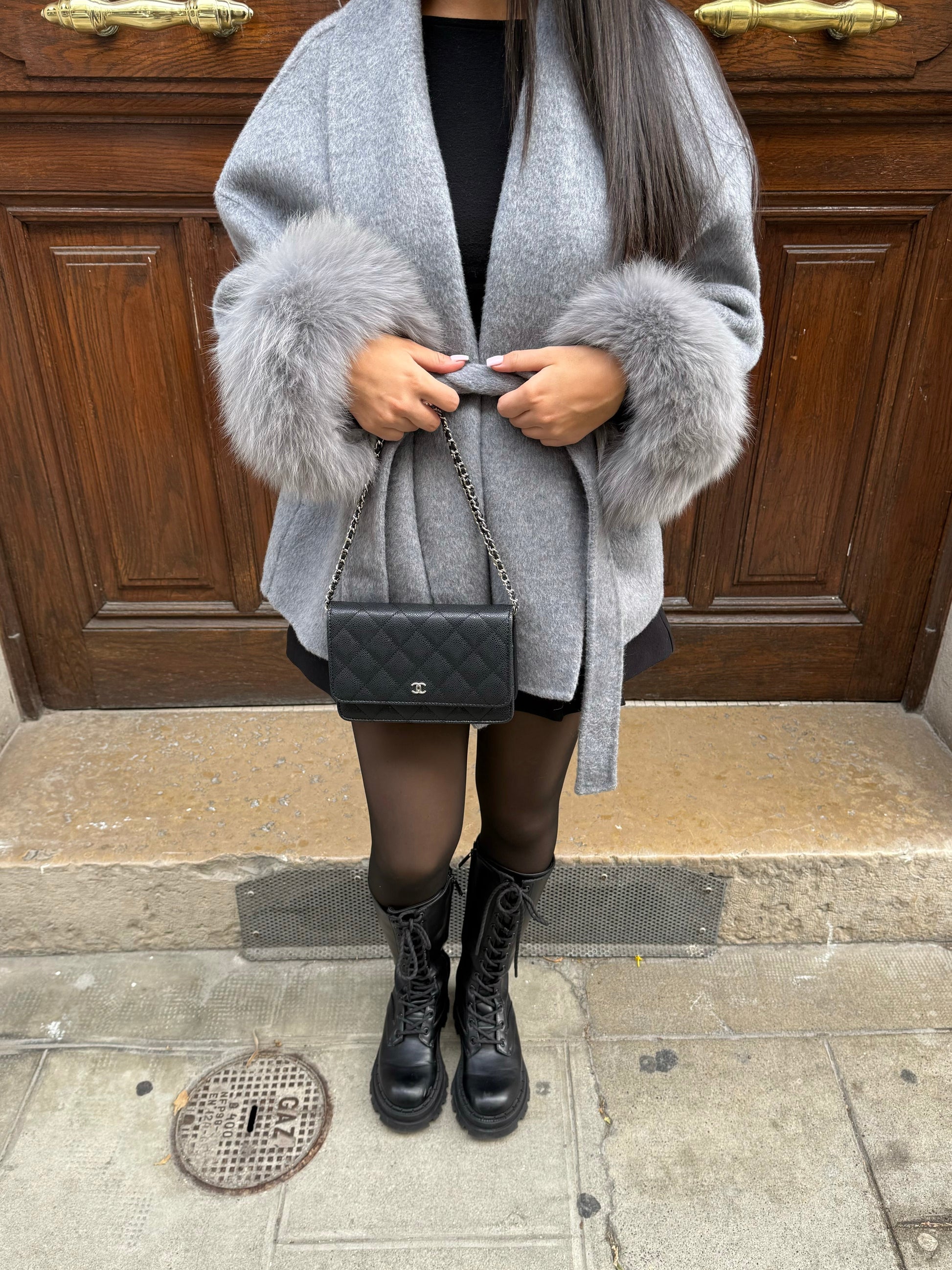 Leonora elegant tailored winter coat shown in brown and grey