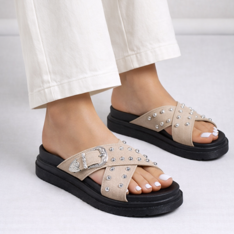 Chunky platform buckle sandals with crossed straps and metallic bead detailing