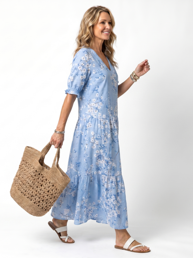 Alora floral print midi dress with tassel tie and relaxed silhouette