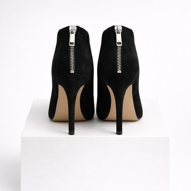 Suede zip-up heels with a stable block heel in black, beige and leopard