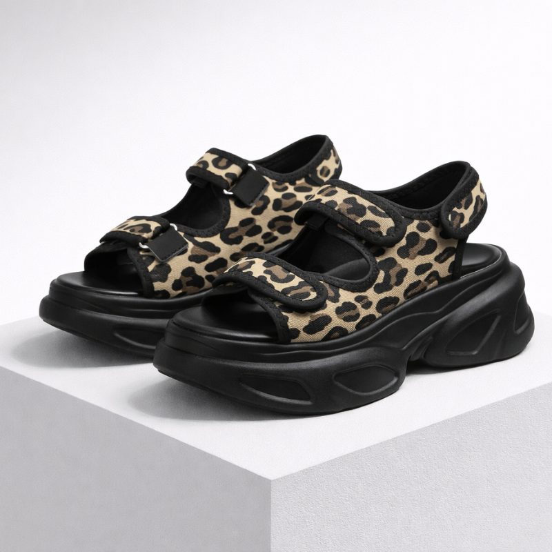 Chunky platform sandals with open toe and adjustable velcro straps in leopard, black and blue
