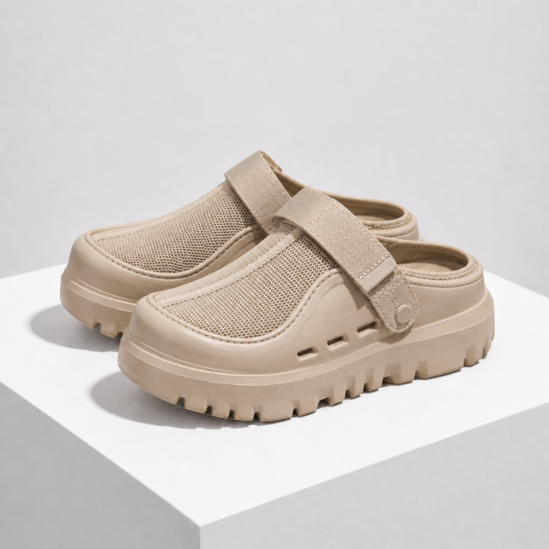 Breathable mesh slip-on sandals with adjustable hook-and-loop back strap