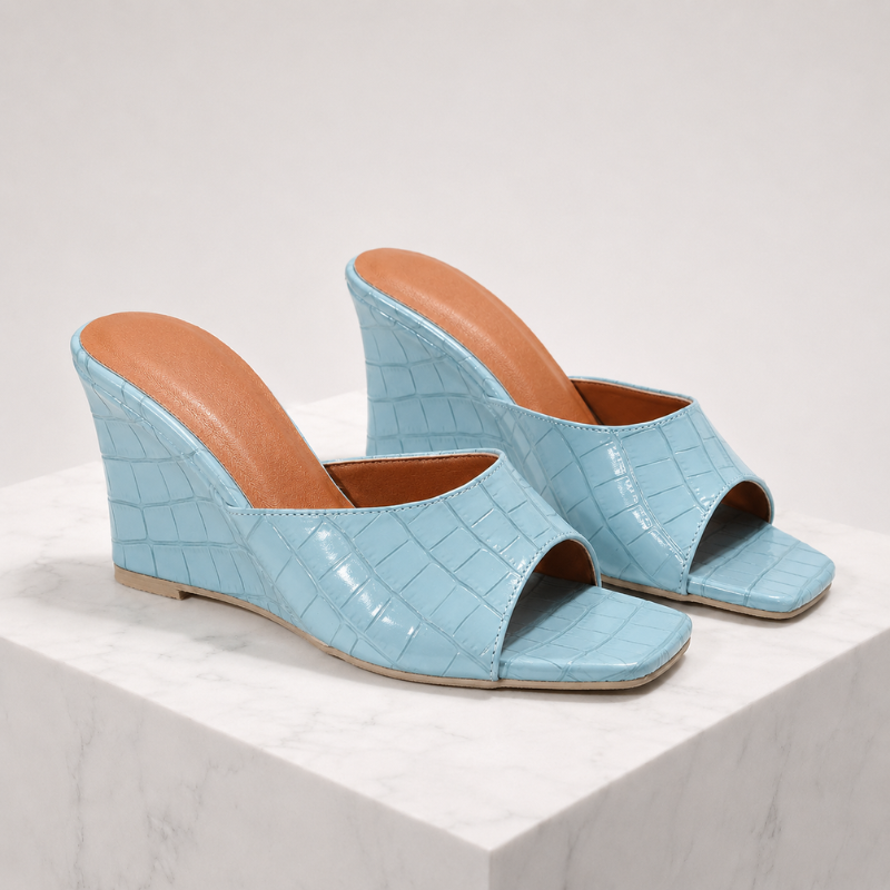 Croc-embossed open-toe wedge sandals with a slip-on style